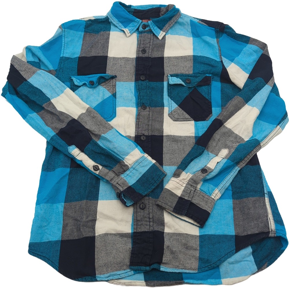Arizona Jean Co Mens Blue Buffalo Plaid Flannel Button Down Shirt Size M Cotton